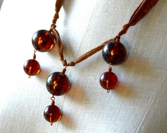 Necklace Vintage Faux Amber Lucite Beads Pure Mocha Brown Silk Fabric Antiqued Copper