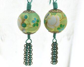 Tassel Earrings Featuring Vintage Style Japanese Tensha Flower Beads Turquoise Pale Green Delicate Antiqued Brass Chain and Niobium Hooks