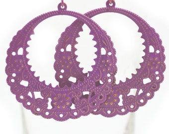 Earrings Large Lightweight Hoop Hand-painted Purple Antiqued Copper Flower Vintage-Style Filigree