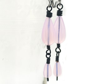 Dangle Earrings Featuring Pink Opalite Glass Teardrop Beads Steel Gray Enameled Wire Stainless Steel Hypoallergenic Lever Back Ear Wires