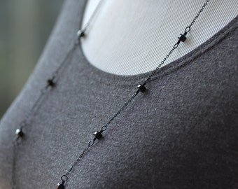 Extra Long Delicate Necklace Featuring Jet Black Crystal Cubes and Black Enameled Copper Chain