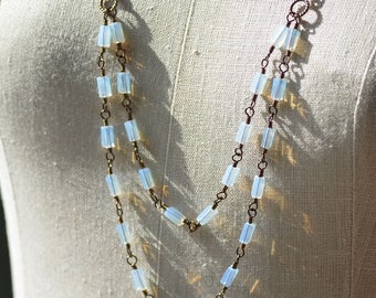 Opalite Faceted Rectangle Glass Double Strand Long Necklace Antiqued Brass Chain