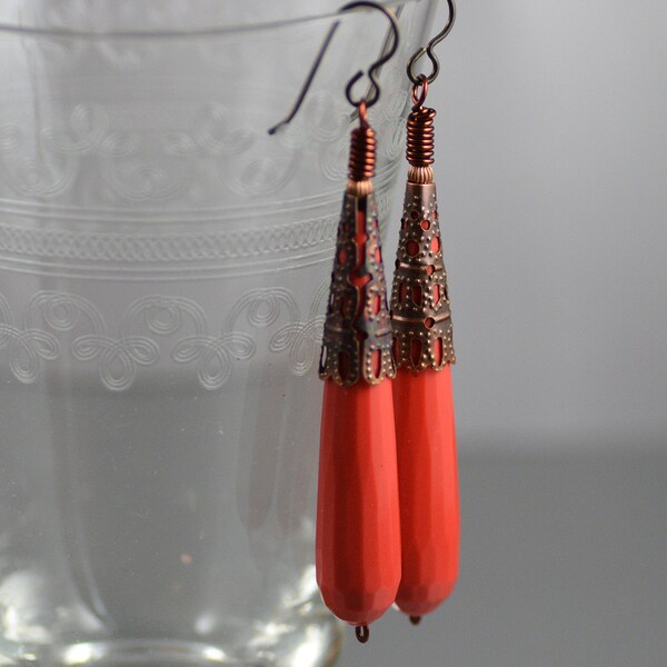 Vintage Inspired Faux Coral Faceted Teardrop Earrings with Antiqued Copper Filigree