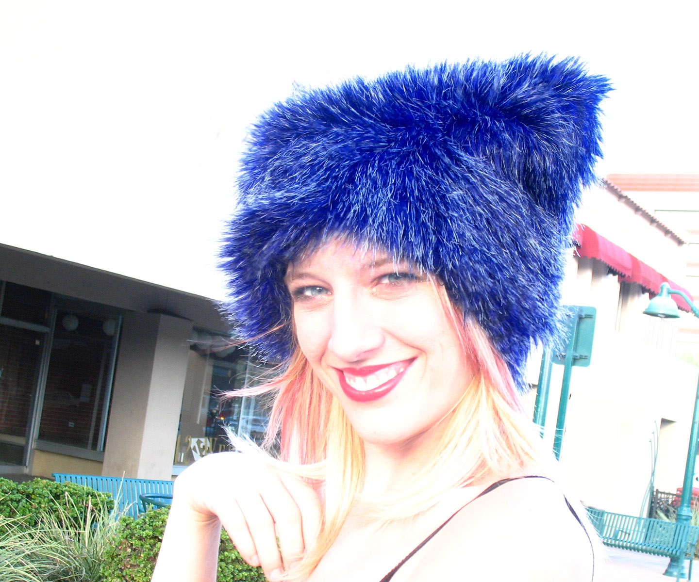 blue faux fur hat