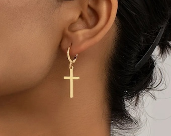 Vintage-Inspired Copper-Plated Hoop Earrings with Petite Cross Pendants, an Elegant Gift for Women.