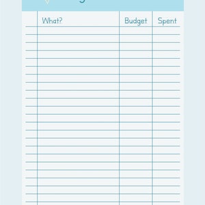 Puede incluir: Un planificador de presupuesto imprimible con un encabezado azul claro que dice "Budget Planner" con dos estrellas amarillas a cada lado. El planificador tiene columnas para "¿Qué?", "Presupuesto" y "Gastado".