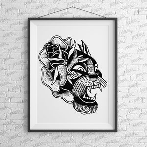 Tiger Head Art Print - Tattoo, Office, Alt, Alternatief, illustratie, Schattig, retro, hart