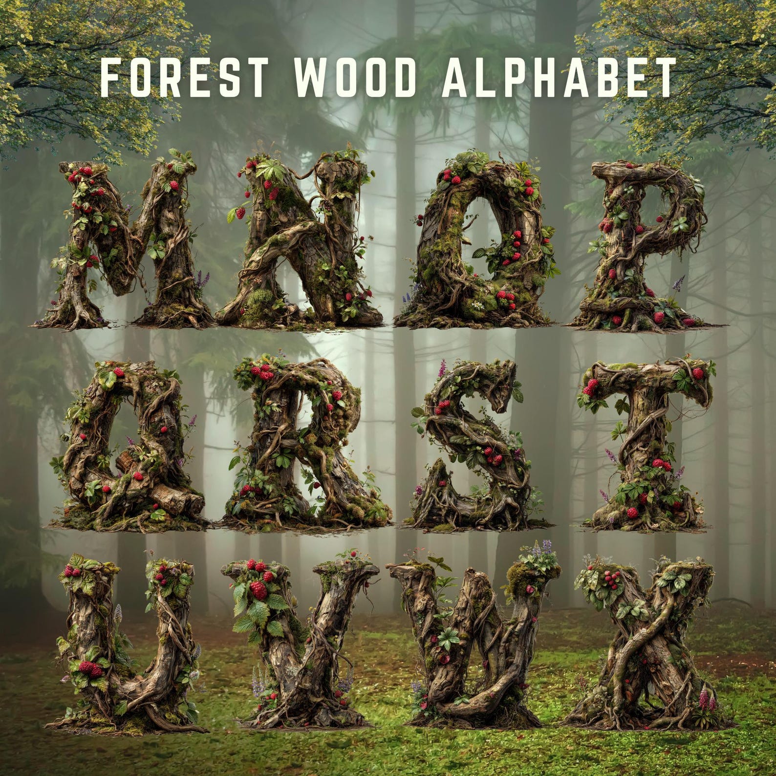 Tree Leters Forest Alphabet Clipart: Rustic Woodland Tree Letters, Numbers PNG ...