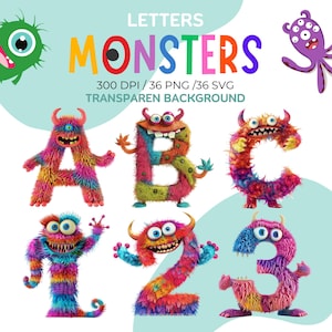 Niedliches Monster Clipart, Monster Buchstaben 36 PNG, flauschige Monster, kawaii Monster, Monster-Alphabet, Monster-Schrift, Räume dekorieren, 3D-Buchstaben