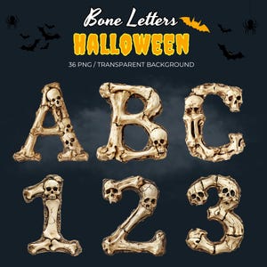 May include: A set of bone-shaped letters and numbers, each decorated with skulls. The letters are A, B, and C, and the numbers are 1, 2, and 3. The letters and numbers are all in a light beige color and have a rough, textured surface. The background is a dark blue color.
