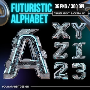 Futuristic Alphabet PNG: Cyberpunk Sci-Fi Letters Clipart (Digital Download)