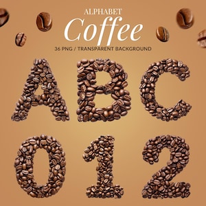以下が含まれることがあります： コーヒー豆で作られたアルファベットの文字と数字。文字A、B、Cと数字0、1、2が表示されています。「Coffee」の文字がスタイリッシュなフォントで文字の上に書かれています。背景は茶色のグラデーションです。