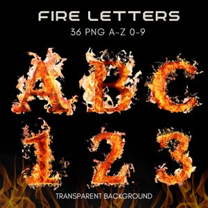 May include: 36 PNG images of letters A-Z and numbers 0-9 rendered in a fiery orange and yellow color scheme. The letters and numbers are set against a black background. The text "FIRE LETTERS" and "36 PNG A-Z 0-9" are displayed at the top of the image. The text "TRANSPARENT BACKGROUND" is displayed at the bottom of the image.