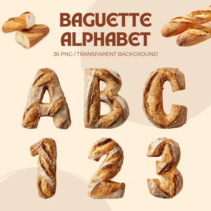 May include: An image featuring the text "BAGUETTE ALPHABET" in brown letters. The letters A, B, C, 1, 2, and 3 are crafted from baked baguettes. The background is a light beige color. The image also includes whole and sliced baguettes.