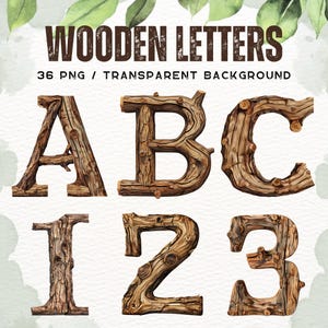 Letras de madeira clipart, letras rústicas, 36 PNG, alfabeto rústico, alfabeto de madeira, letras de árvore, fonte de textura de madeira, designs com tema de natureza