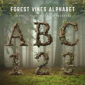 May include: The image displays the letters A, B, and C, along with the numbers 1, 2, and 3, all crafted from intertwined vines and foliage. The text "FOREST VINES ALPHABET" and "36 PNG / TRANSPARENT BACKGROUND" are visible at the top. The background is a misty forest.