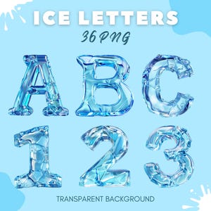 IJsletters PNG-alfabetnummers Clipart | 36 transparante achtergrond ijskristalletters, blauwe letters | Grafisch ontwerp bevroren winterthema