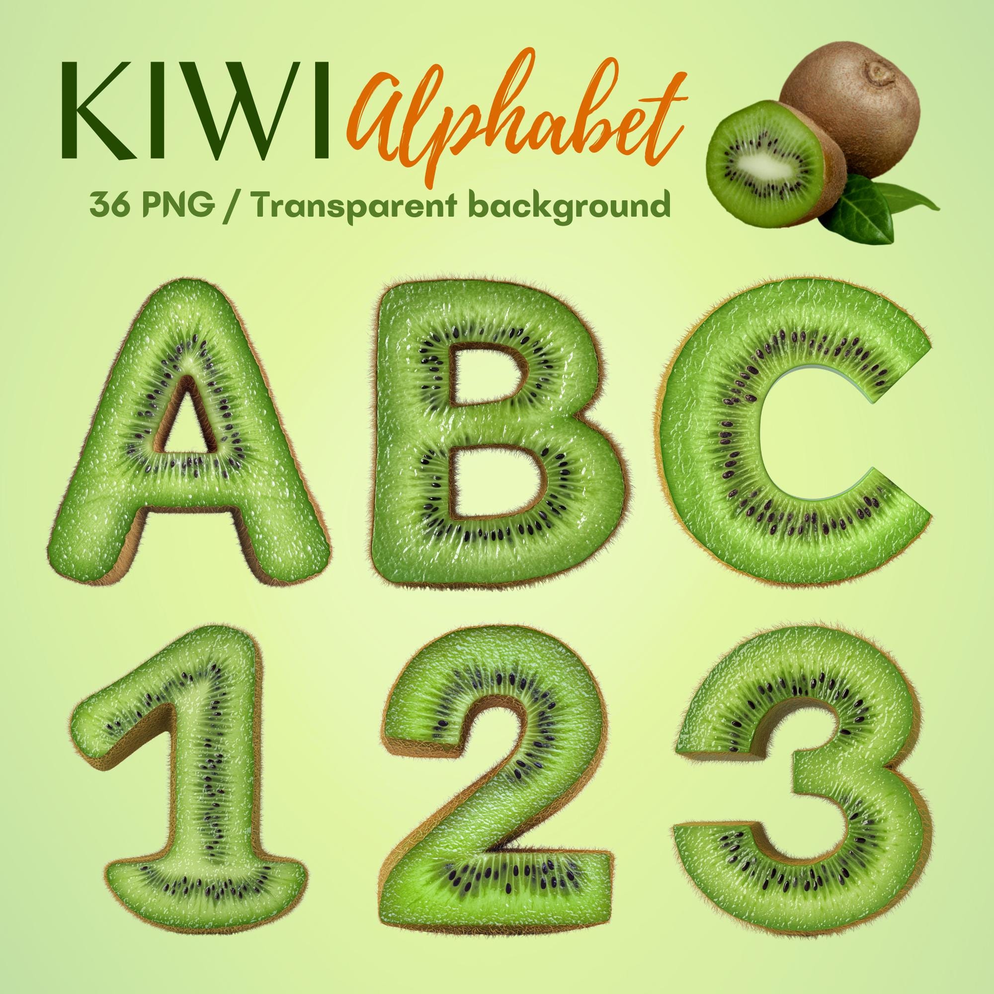 【kiwi】テキスト類 Kiwi Alphabet Clipart: Tropical Fruit Letters, 36 PNG (digital