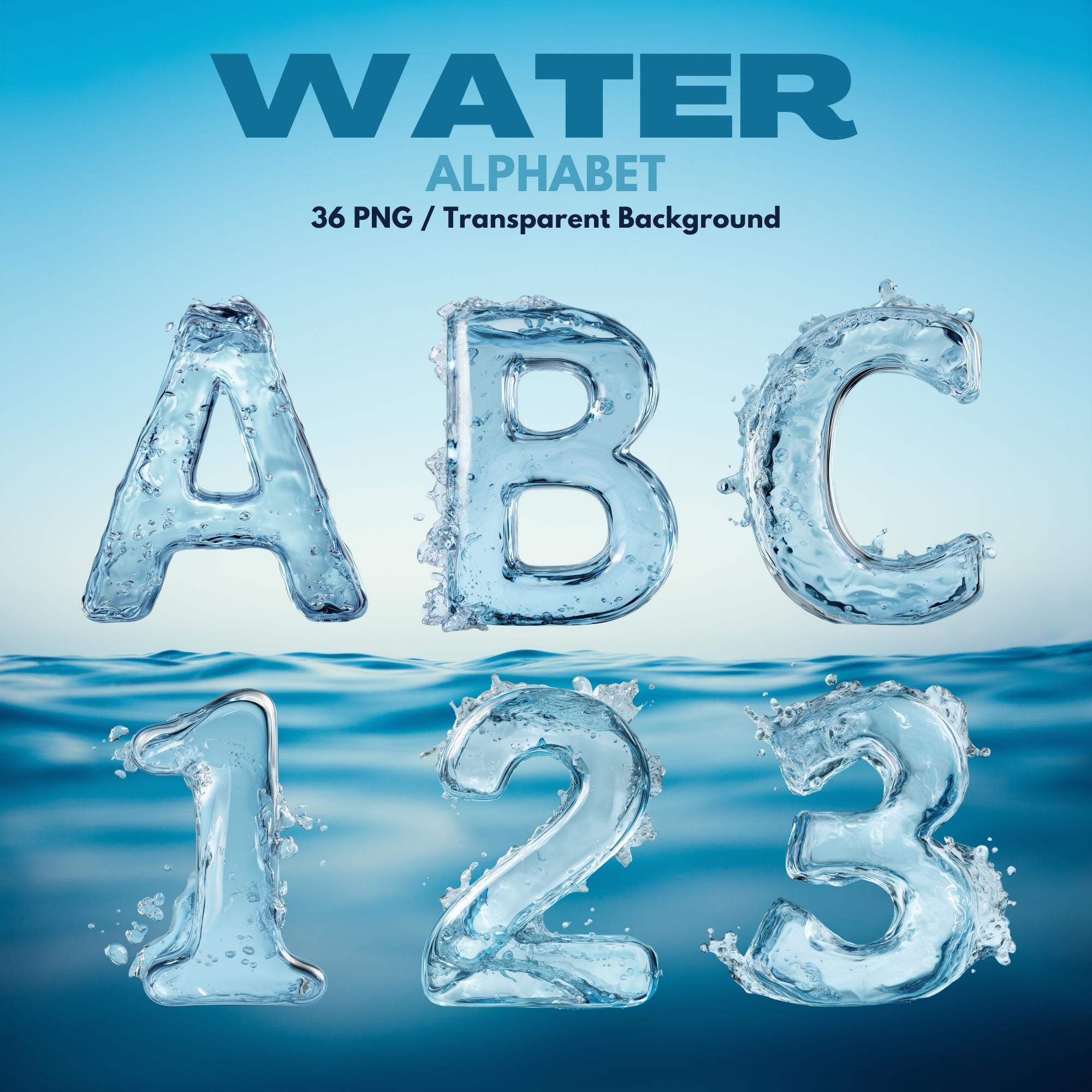 Water Alphabet Clipart: Splash Font PNG, Ocean Theme (digital