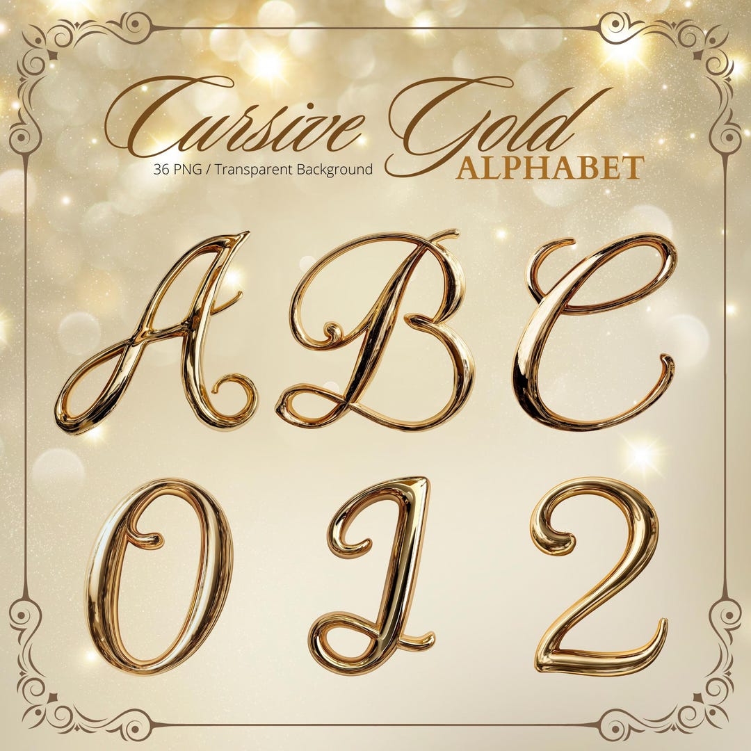 Cursive Gold Alphabet Clipart, Metallic Font PNG Digital Download - Etsy