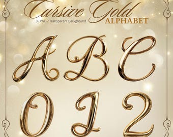 May include: Gold cursive alphabet letters A, B, C, O, 1, and 2 on a light background. The letters have a 3D effect and are outlined with a darker gold color. The words "Cursive Gold Alphabet" are at the top.