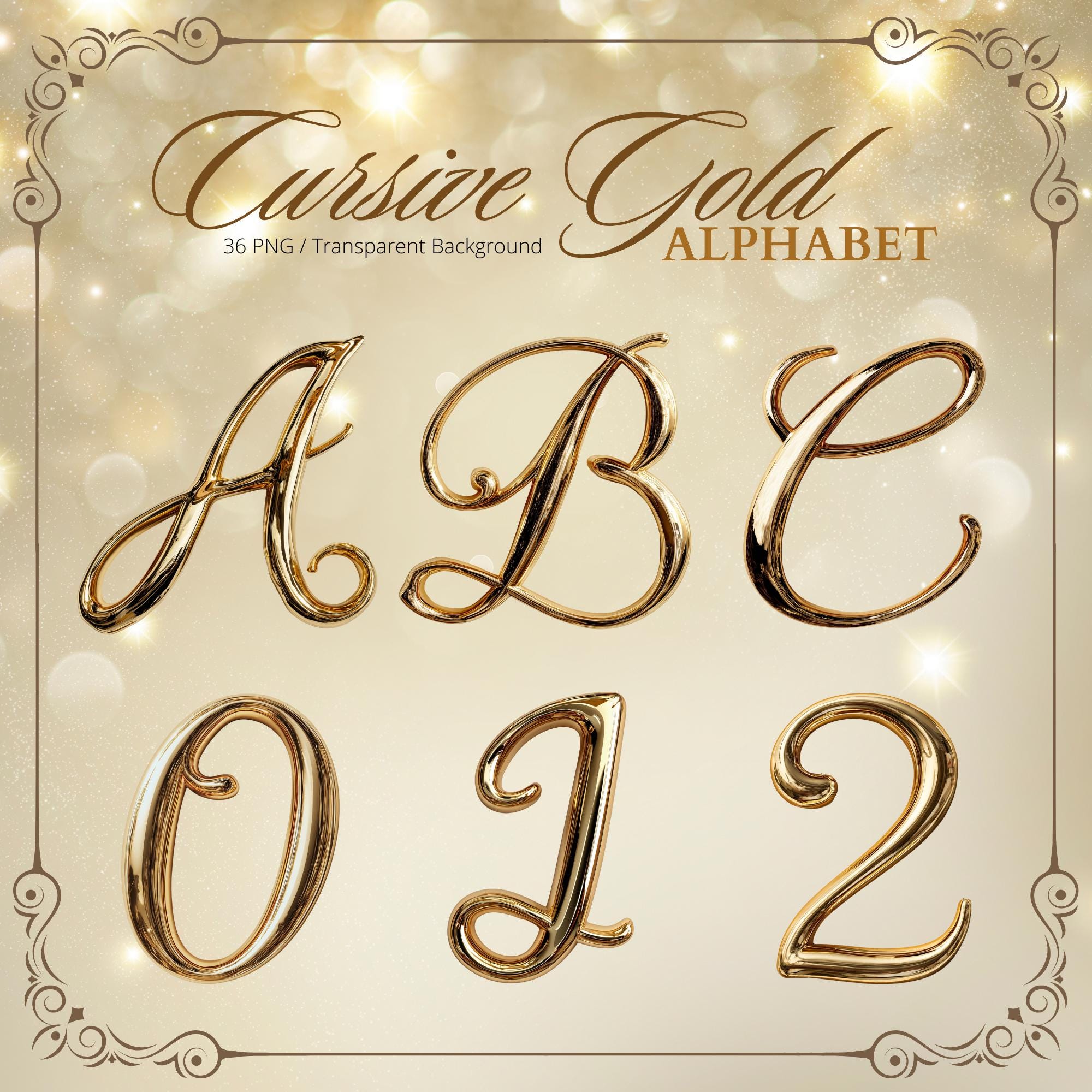 Cursive Gold Alphabet Clipart, Metallic Font PNG Digital Download - Etsy