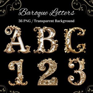 Lettere dorate ornate Clipart 36 PNG, lettere in stile barocco, alfabeto elegante, carattere di lusso, lettere dorate, monogramma nuziale, elegante vintage.