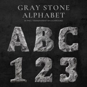 Puede incluir: Alfabeto y números de piedra gris, incluyendo A, B, C, 1, 2 y 3, con un aspecto texturizado y desgastado. El texto "GRAY STONE ALPHABET" está en la parte superior, con "36 PNG / TRANSPARENT BACKGROUND" debajo. El fondo es gris oscuro.