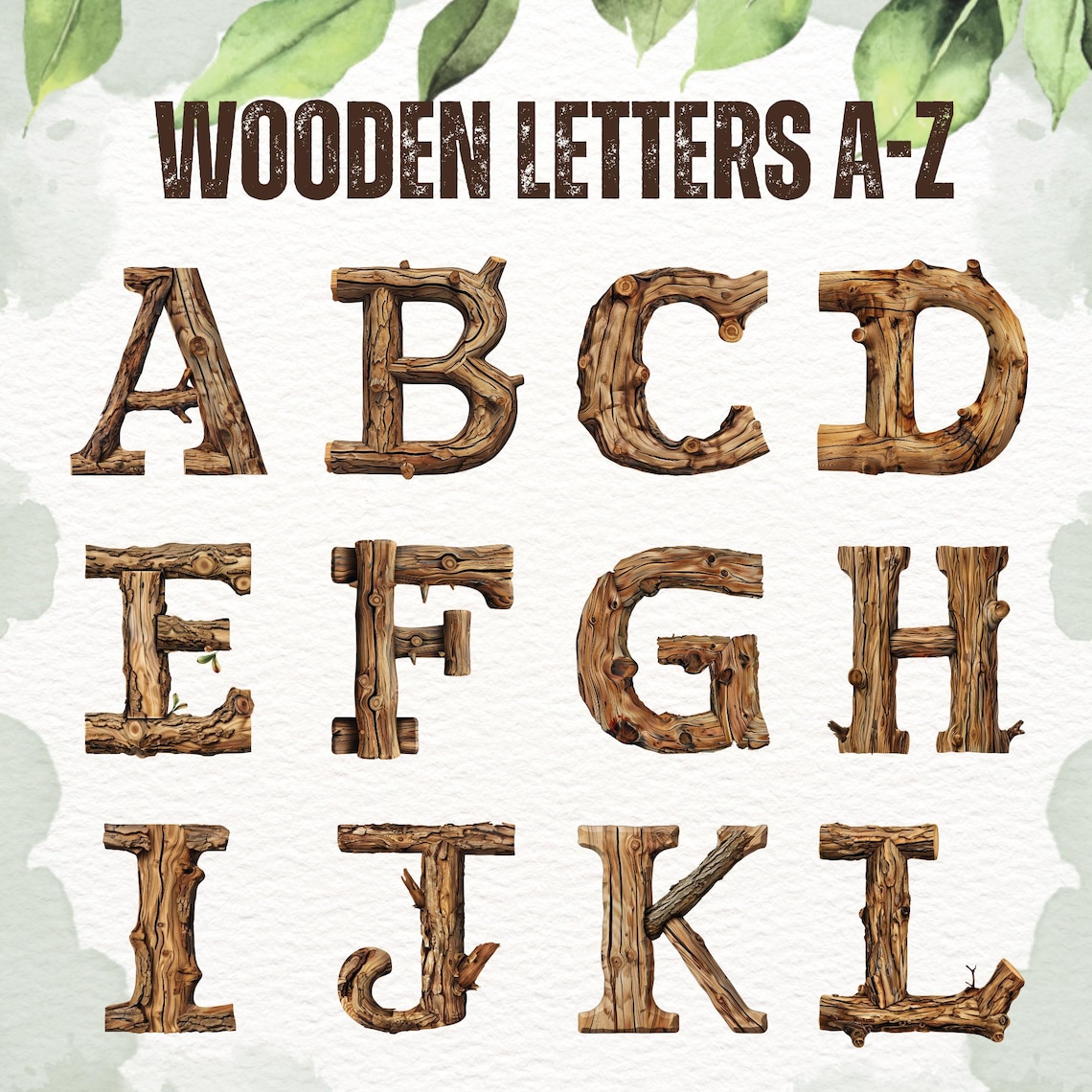Wooden Letters Clipart, Rustic Letters, 36 PNG, Rustic Alphabet, Wooden ...