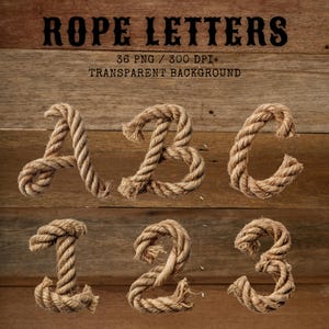 Puede incluir: Un conjunto gráfico digital titulado ROPE LETTERS que incluye 36 archivos PNG a 300 DPI con fondos transparentes. La imagen muestra las letras A, B, C y los números 1, 2, 3 formados con cuerda natural trenzada de color beige sobre madera.