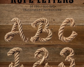 Rope Alphabet Clipart, Rustic Rope Letters and Numbers PNG, Western Cowboy Font Digital Download