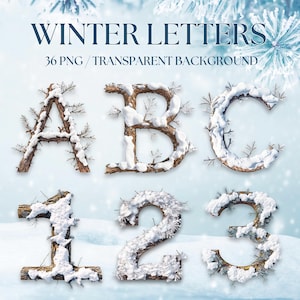 Letras del alfabeto de invierno, imágenes prediseñadas, letras nevadas, letras con temática de invierno, fuente helada, 36 PNG, letras de nieve navideña, fuente de invierno del alfabeto de nieve