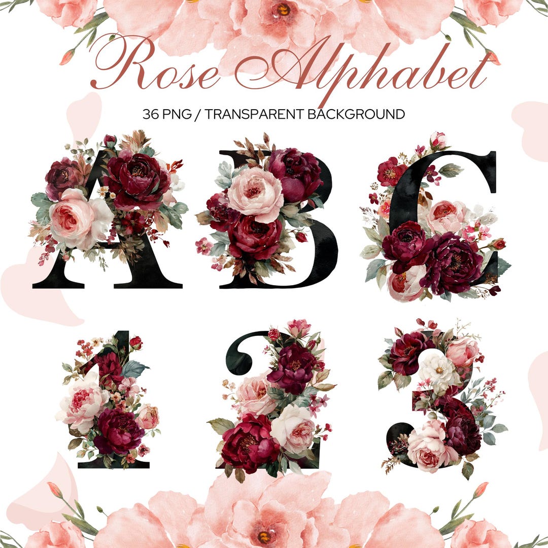Alphabet Text Styles Roses Rose Floral Alphabet PNG, Romantic Flower Letters, Burgundy Clipart ...