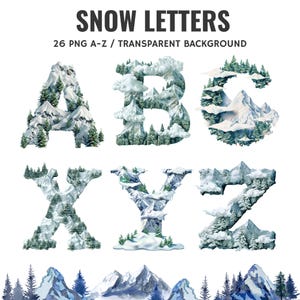 Letras del alfabeto de nieve, imágenes prediseñadas, letras de montaña de invierno PNG, fuentes nevadas A-Z, 26 PNG, letras con temática de invierno, letras de nieve, alfabeto de invierno