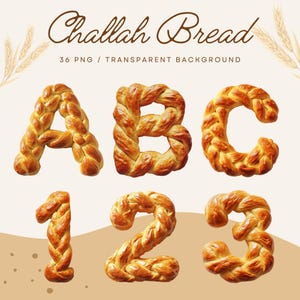 Puede incluir: Un conjunto de 36 imágenes PNG con las letras A, B, C y los números 1, 2, 3 hechos de pan trenzado challah. Las imágenes tienen un fondo transparente.