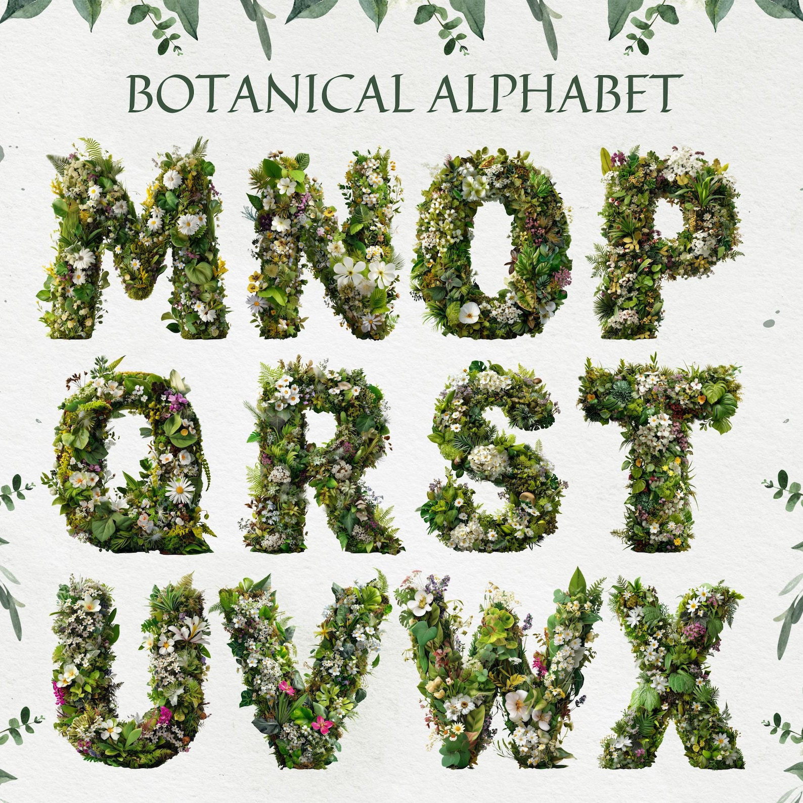 Botanical Alphabet, Floral Letters & Numbers Clipart, Greenery Garden ...