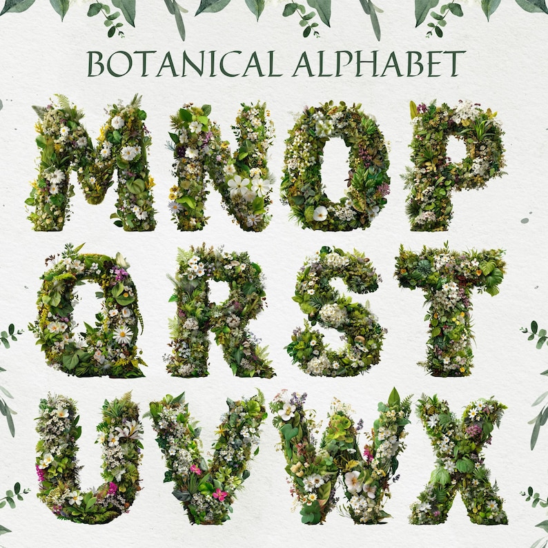 Botanical Alphabet, Floral Letters & Numbers Clipart, Greenery Garden ...