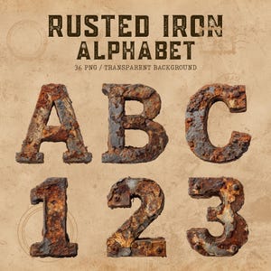 May include: Rusted iron alphabet and numbers, including A, B, C, 1, 2, and 3. The letters and numbers have a weathered, rusty appearance with shades of brown, orange, and gray. The background is a tan color with text that reads "Rusted Iron Alphabet".
