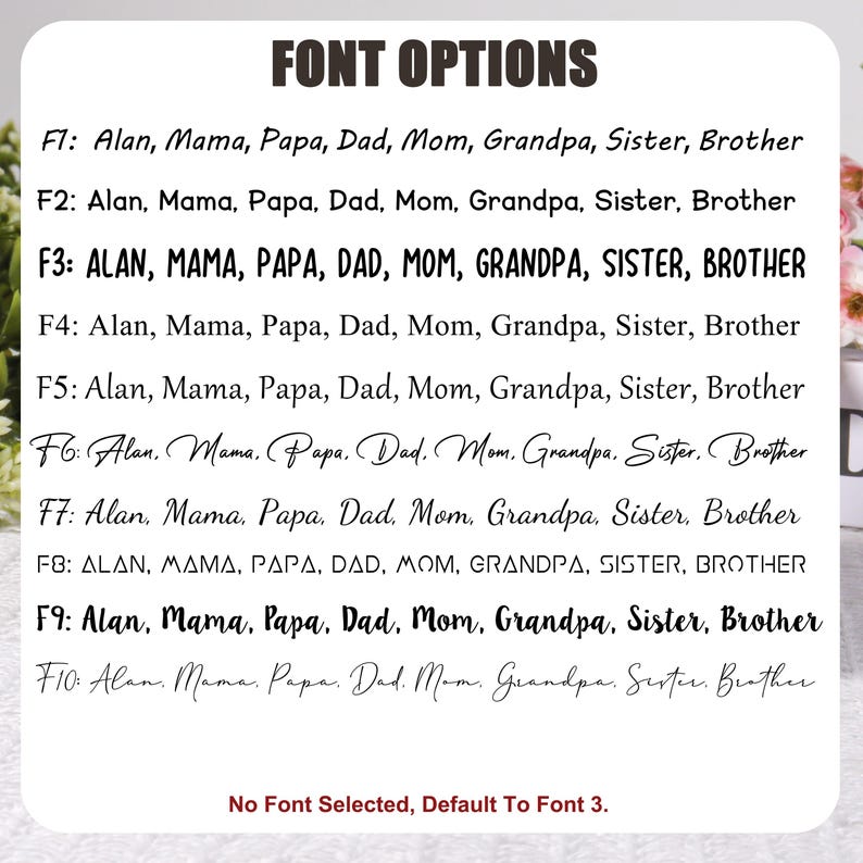 May include: A white background displays a list of font options for personalized text. The title "FONT OPTIONS" is at the top. Each font option is labeled F1 through F10, with examples of names like "Alan, Mama, Papa, Dad" in various styles.