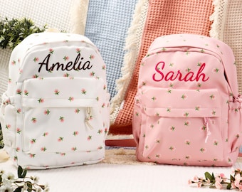 Sac à dos floral personnalisé pour enfants avec broderie, cadeaux personnalisés pour tout-petits pour la maternelle, cartable pour enfants, sacs à dos monogrammes pour filles, cadeaux d'anniversaire