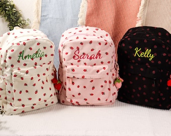 Custom Strawberry Name Backpack, Personalized School Bag For Her, Toddler Embroidered Name Backpack, Personalized Corduroy Backpack For Her