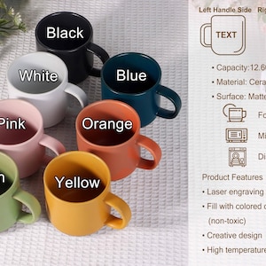 May include: A collection of ceramic mugs in various colors: black, white, blue, pink, orange, green, and yellow. Each mug has a capacity of 12.60 oz (360ml) and features a matte glazed surface. The mugs are food safe, microwave safe, and dishwasher safe.