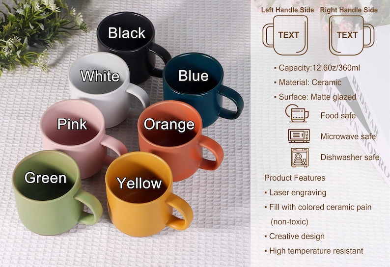 May include: A collection of ceramic mugs in various colors: black, white, blue, pink, orange, green, and yellow. Each mug has a capacity of 12.60 oz (360ml) and features a matte glazed surface. The mugs are food safe, microwave safe, and dishwasher safe.