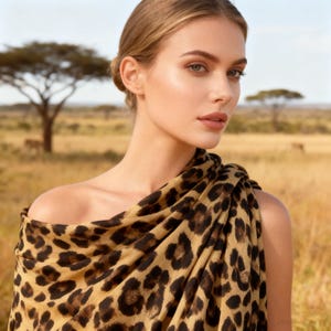 Può includere: Una donna indossa una sciarpa con stampa leopardata drappeggiata sulla spalla. La sciarpa ha uno sfondo beige con macchie marroni scure. Lo sfondo è una savana con alberi ed erba secca.