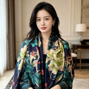 May include: A dark blue scarf featuring a large-scale floral pattern with light green, cream, and red blossoms. The fabric has a smooth, satin-like finish with a repeating botanical design of leaves and flowers draped over the shoulders.