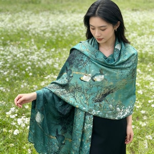 71" x 35.5" Green Mulberry Silk Scarf: Plant, Bird & Floral Art Print, Oversized Rectangle