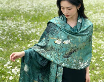 71" x 35.5" Green Mulberry Silk Scarf: Plant, Bird & Floral Art Print, Oversized Rectangle
