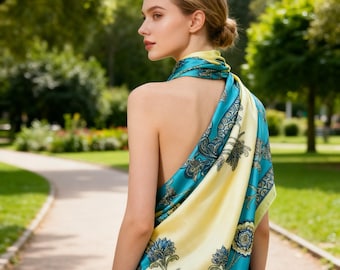 Color Block Print Silk Blend Scarf - 35" Square Shawl/Headscarf/neckerchief