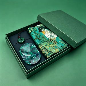 Luxury Gift Box: Floral Bird Silk Scarf, Mirror Comb and Imperial Green Jade Pendant, Gift for Women Anniversary & Thank You