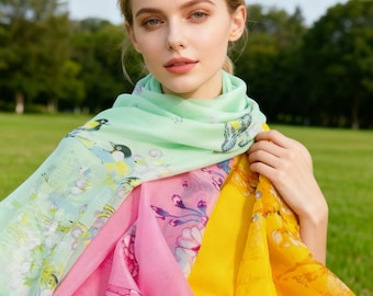 Pink & Green Silk Blend Scarf: Floral Lightweight Shawl